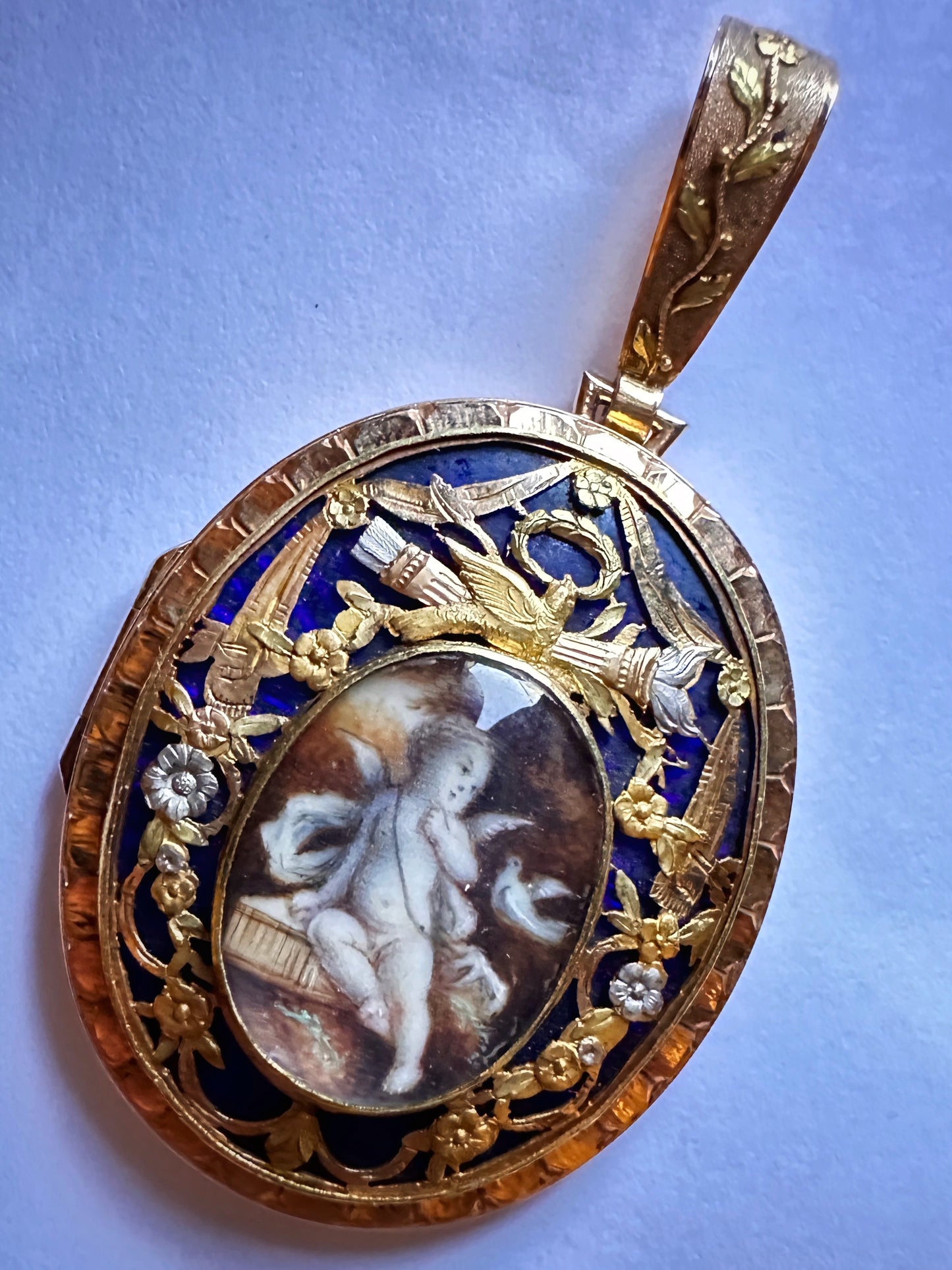19th century Blue Enamel Cupid Glass Locket