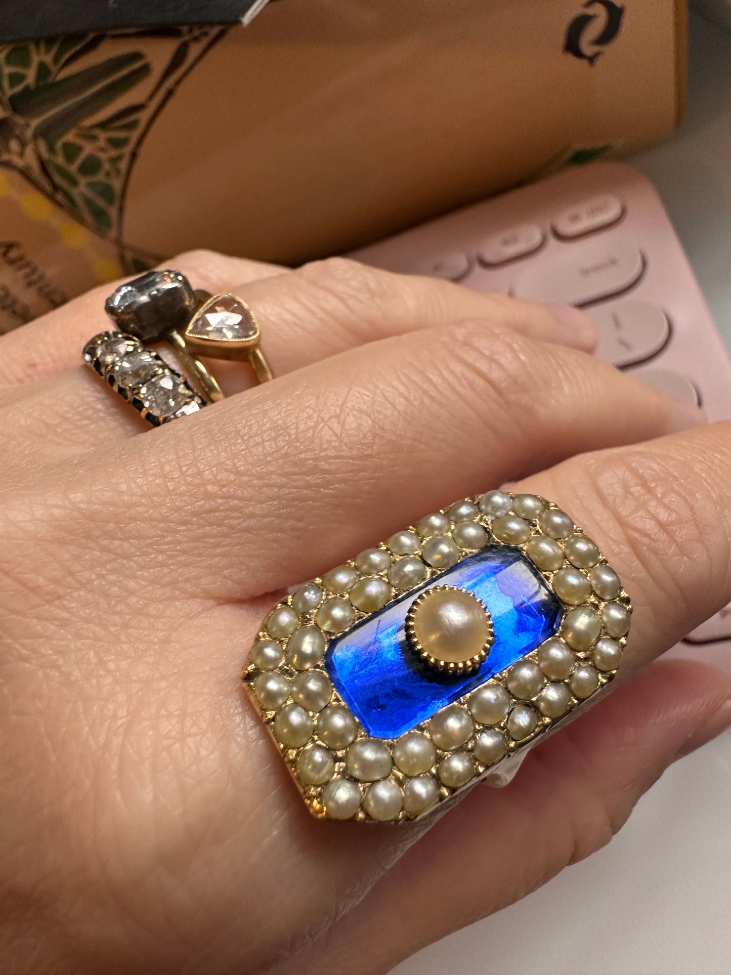 18th c Blue Glass Pearl ring