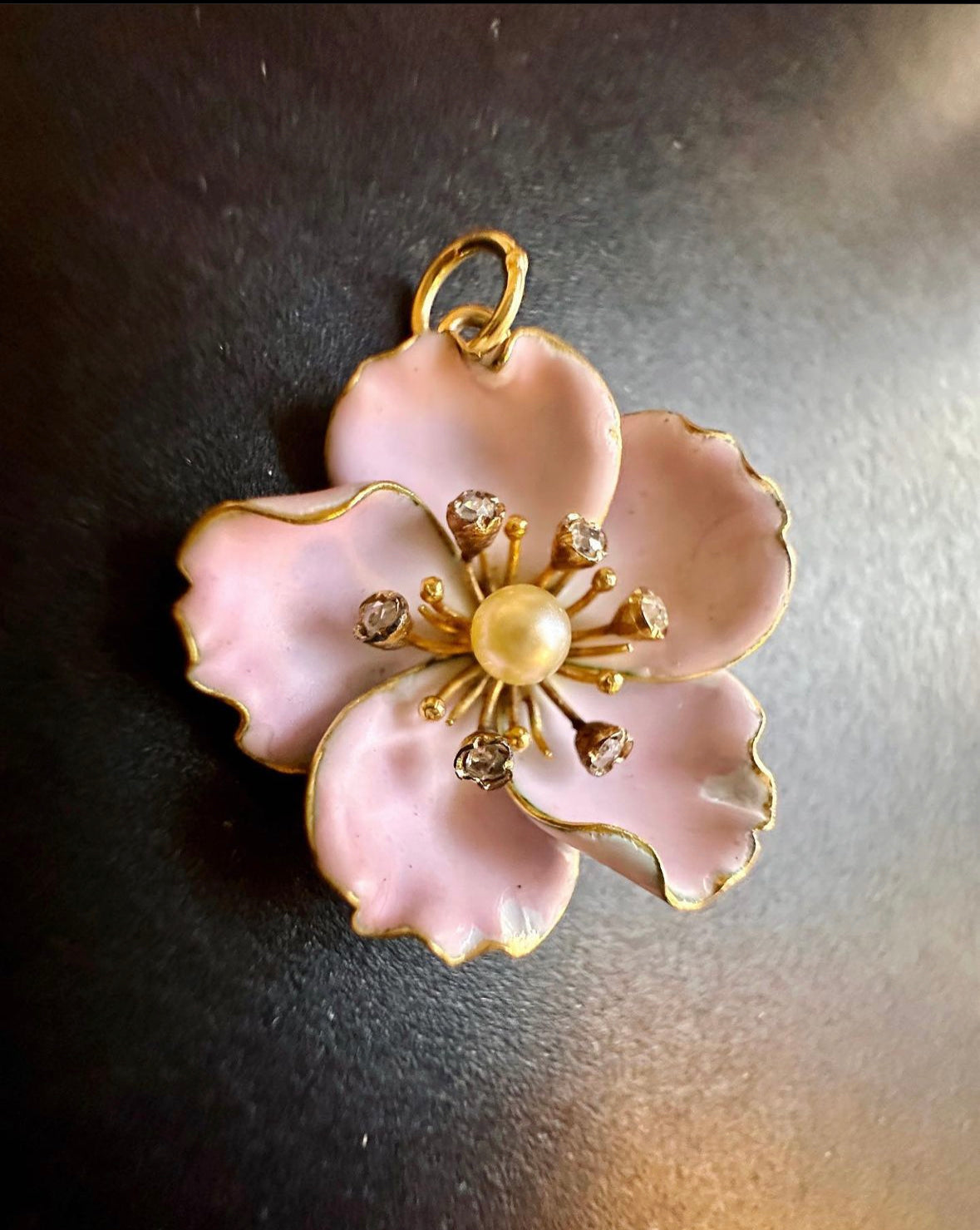 Art Nouveau Enamel Flower Diamond and Pearl pendant