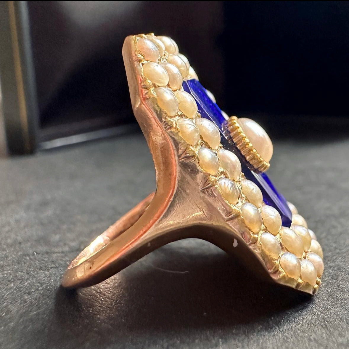 18th c Blue Glass Pearl ring